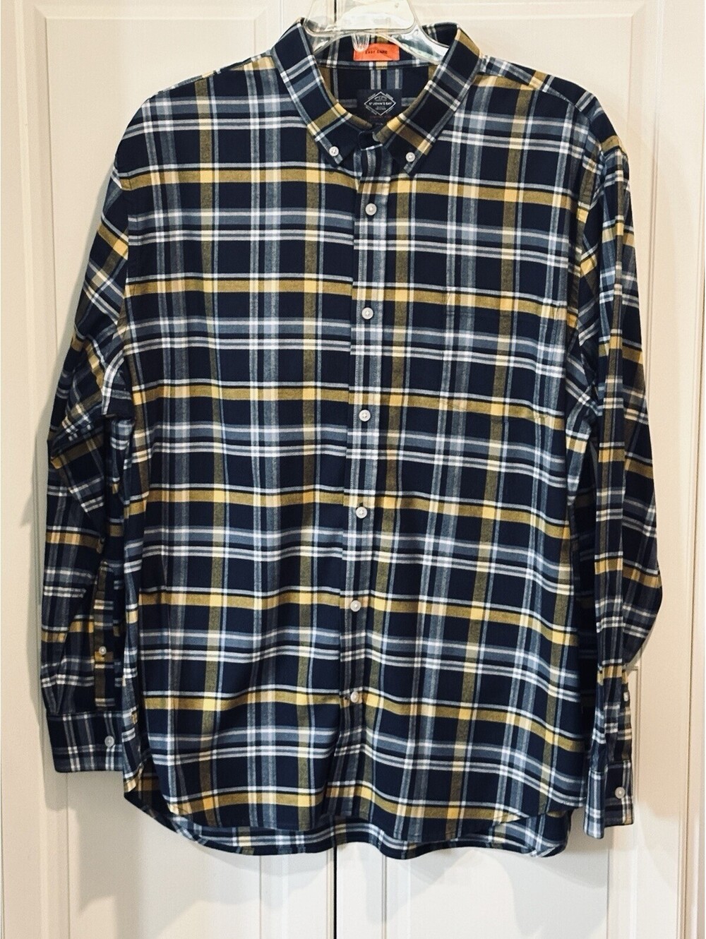St John’s Bay Men’s Button-Down Navy Blue, Yellow, White Plaid Shirt Size XXL